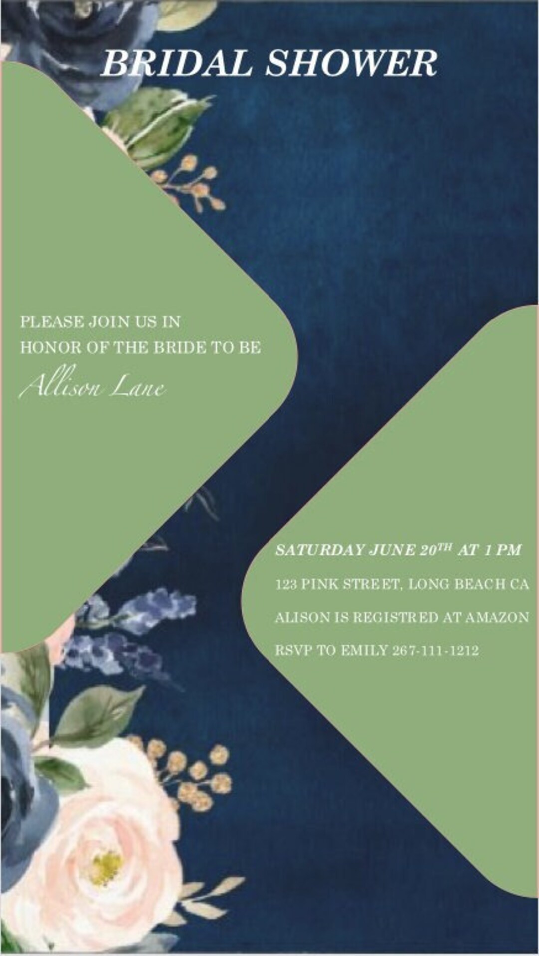 Blue and Dark Green Floral Bridal Shower Invitation Etsy