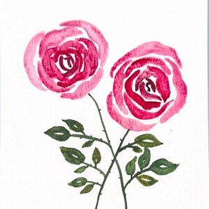 May include: A watercolour painting of two pink roses with green leaves and stems.