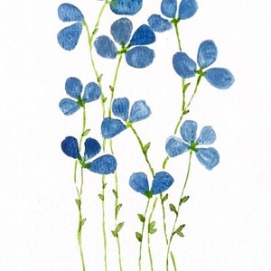 May include: A watercolour painting of blue flowers with green stems on a white background.