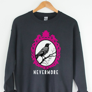 Nevermore Crow Raven Goth Sweatshirt - Gothic Poe-inspired Bird Graphic - Halloween Pullover - Edgar Allan Poe Lover&#39;s Gift, Librarian Gift