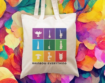 Rainbow Everything Canvas Tote Bag for Thrifting Enthusiasts, Reusable Thrifting Tote, Vintage Shopping Bag, Swung Vase, Viking Glass