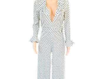 Vintage 70s Bell Sleeve Wide Leg Jumpsuit White & Blue Polka Dots Size Medium