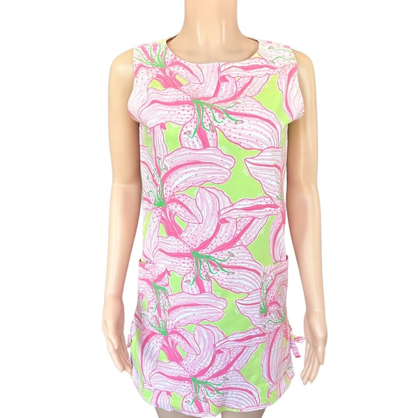 Lilly Pulitzer 90s Sleeveless Lime Green & Pink Hibiscus Cotton Shift Dress Sz 8