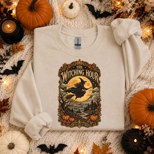Vintage Witching Hour Halloween Sweatshirt, Gothic Witch Pullover, Fall Harvest Moon Design