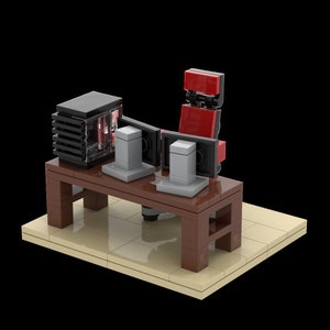 May include: A red gaming chair with a black base and a black computer desk with a black computer tower, three monitors, and a keyboard.