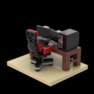 May include: A black computer desk with a red and black gaming chair, two black computer monitors, and a black computer tower. The desk is on a beige platform.