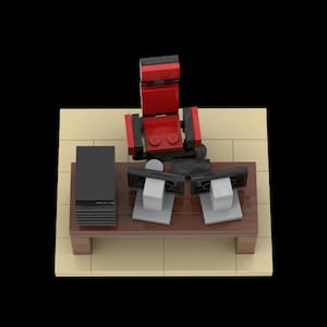 May include: A red gaming chair with black accents sits in front of a desk with two black computer monitors and a black tower. The desk is made of wood and has a light brown finish. The chair has a black base with wheels.