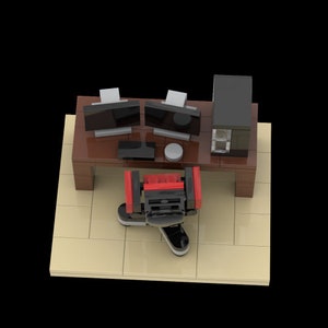 May include: A black computer desk with a brown top and a black computer tower. There are two black computer monitors on the desk, and a black computer chair with red accents is positioned in front of the desk.
