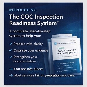 Puede incluir: Imagen promocional con fondo degradado azul oscuro. El texto dice: "INTRODUCING: The CQC Inspection Readiness System". Enumera pasos para ayudar a preparar, organizar la evidencia y fortalecer la documentación. Se ve una pila de papeles.