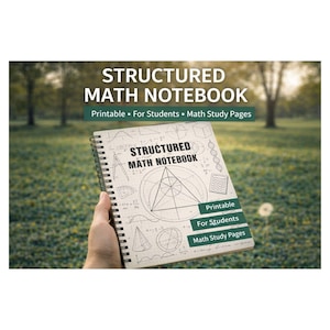 Puede incluir: Un cuaderno con espiral titulado "STRUCTURED MATH NOTEBOOK" se sostiene contra un fondo verde borroso. La portada presenta diagramas geométricos y el texto "Printable For Students Math Study Pages."