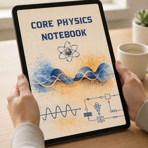 May include: A tablet displaying a "Core Physics Notebook" cover. The design features an atom symbol, blue and orange watercolor waves, and circuit diagrams. The tablet is held by a person.