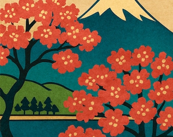 Japanese Landscape Digital Print - Cherry Blossoms & Mount Fuji Art - Modern Wall Décor