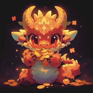 May include: A cartoon illustration of a cute, orange dragon with large eyes, holding and surrounded by gold coins. The dragon has horns and spiky details, with a dark background and glowing accents.