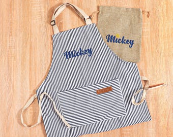 Custom Embroidered Name Apron, Personalized Toddler Cooking Apron, Striped Design for Daily Kitchen Fun, Adjustable Straps, Birthday Gift