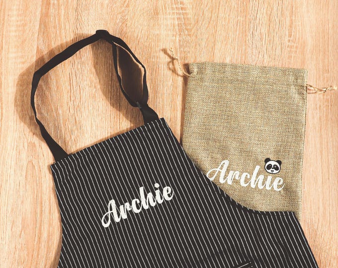 Personalized Name Apron for Children, Striped Cooking Apron with Adjustable Straps, Birthday or Holiday Surprise Gift