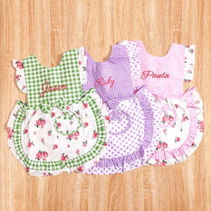 Personalized Embroidery Toddler Bibs, Custom Apron for Kids, Cooking Kitchen Gifts, Cute Plaid Lace apron for Girls,  Baby Apron