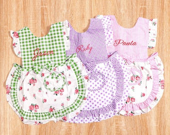 Personalized Embroidery Toddler Bibs, Custom Apron for Kids, Cooking Kitchen Gifts, Cute Plaid Lace apron for Girls,  Baby Apron