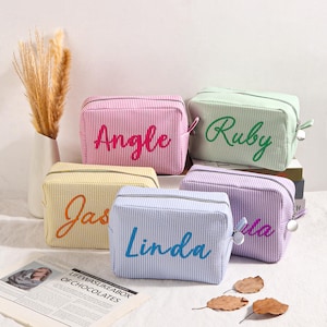 Personalized Seersucker Cosmetic Bag, Custom Embroidered Makeup Bag, Monogrammed Toiletry Bag, Bridesmaid Gift, Gift for Her
