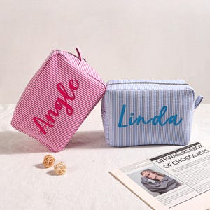 Custom Seersucker Makeup Bag, Personalized Embroidered Makeup Bag, Monogrammed Toiletry Bag, Travel Storage Bag, Bridesmaid Gift, Her Gift