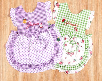Personalized Embroidery Toddler Bibs, Custom Apron for Kids, Cute Plaid Lace apron for Girls, Festive Christmas Pretend