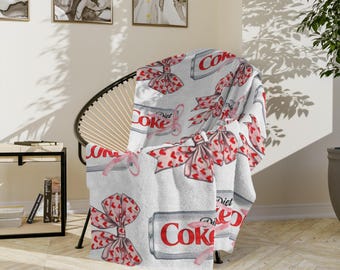Diet Coke Velveteen Microfiber Blanket, Diet Coke Coquette Bow Throw Blanket, Gift for Diet Coke Lover, Aesthetic Girly Blanket Room Decor