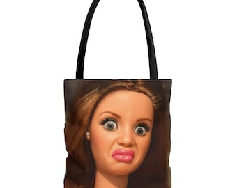 Funny Disgusted Doll Face Tote Bag, Meme Tote, Gen Z Aesthetic Bag, Reusable Shopping Bag, Funny Teen Gift, White Elephant Gift,  13x13"