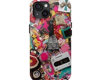 Collage Print Phone Case, Retro Collage Red, iPhone 16 15 14 13 12 11 Pro Max 8 Plus X Samsung Galaxy S24 S23 S22 S21, Trendy Phone Case