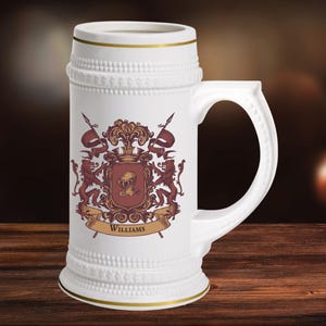 Family Crest Custom Beer Stein, Personalized Vintage Style Beer Stein, Customizable Mug for Dad - Fathers Day Beer Stein, Beer Lover Mug