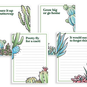 May include: Five printable cards with cactus illustrations and funny sayings. The sayings are "Suce it up buttercup", "Grow big or go home", "Pretty fly for a cacti", "It would suce to forget this", and "2 3".