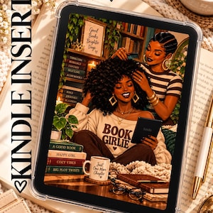 May include: A digital download Kindle insert featuring an illustration of two individuals in a library setting. One person styles the other's hair. The image includes text reading Digital Download, Kindle Insert, Book Girlie, and Just One More Chapter.