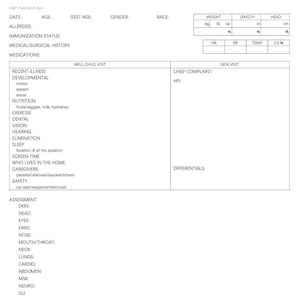 May include: A printable medical form for recording a child's health information. The form includes sections for allergies, immunizations, medical and surgical history, medications, recent illness, developmental milestones, nutrition, exercise, dental, vision, hearing, elimination, sleep, screen time, who lives in the home, caregivers, safety, assessment, and plan.
