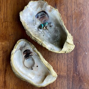 Puede incluir: Dos conchas de ostra pintadas de oro, una con un anillo y la otra con piedras turquesa, utilizadas como platos decorativos para baratijas.