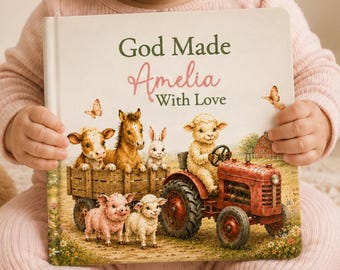 Personalized Christian Baby Book, Watercolor Farm Animal Storybook, Baptism Gift for Boy or Girl, Keepsake Gift