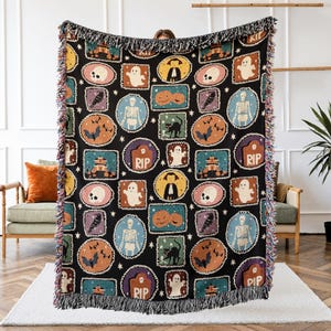 Vintage Halloween Woven Blanket – Spooky Fall Throw with Skeletons, Ghosts & Pumpkins – Retro October Decor or Haunted House Tapestry Gift