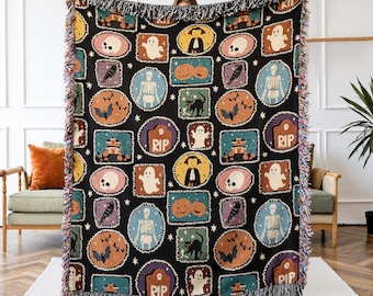 Vintage Halloween Woven Blanket: Spooky Skeletons, Ghosts & Pumpkins