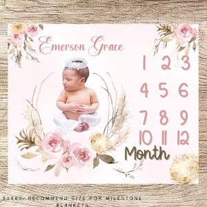 Wild Flower Milestone Blanket - Custom Baby Girl Name Blanket - Personalized Baby Shower Gift - Boho Infant Growth Blanket - Month Blanket