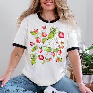 Strawberry Floral Ringer Shirt - Cottagecore Summer Tee - Fruit Lover Gifts - Fruit Tshirt Aesthetic - Botanical Shirt Print - Gardener Tee