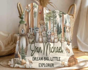 Personalized Forest Animals Baby Blanket - Custom Woodland Sherpa Name Blanket for Boys or Girls