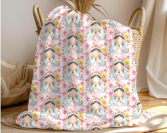 Personalized Virgin Mary Baby Blanket - Catholic Baptism Swaddle - Plush Virgen Throw