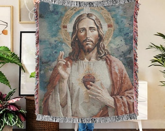 Jesus Woven Blanket: Christian Tapestry Throw, Catholic Home Decor