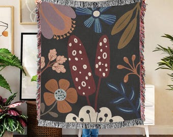 Floral Woven Blanket – Wildflower Tapestry, Dark Floral Home Decor