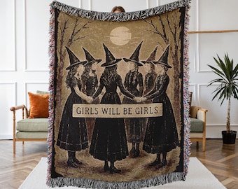 Salem Witch Woven Blanket: Gothic Cottagecore Halloween Tapestry