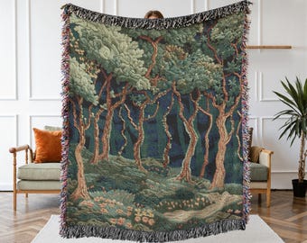 Manta tejida con motivos forestales - Tapiz de musgo - Decoración del hogar estilo cottagecore