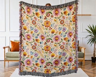 Mexican Folk Art Woven Blanket - Floral Tapestry - Cotton Garden Throw
