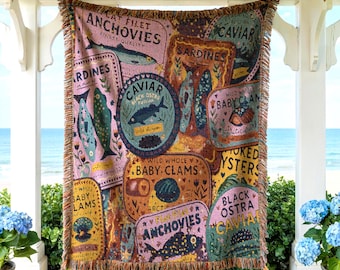 Sardine Tin Woven Blanket - Beach Picnic Throw - Tinned Fish Decor - Beach House Tapestry