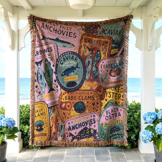 Sardine Tin Woven Blanket - Beach Picnic Throw - Tinned Fish Decor - Beach House Tapestry