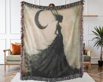 Gothic Woven Blanket - Witchy Angel Tapestry - Gothic Witch and Moon Throw