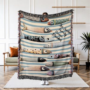 Sardines Woven Blanket - Fish Fringe Throw - Fisherman Aesthetic Tapestry - Nautical Picnic Blanket - Father&#39;s Day Gift - Beach House Decor