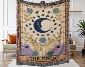 The Moon Tarot Woven Blanket - Celestial Boho Star Tapestry - Astrology Floral Throw