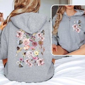 Pressed Flowers Zip Hoodie – Cottagecore Floral Sweatshirt – Boho Garden Zip-Up – Soft Girl Aesthetic Jacket – Botanical Gift